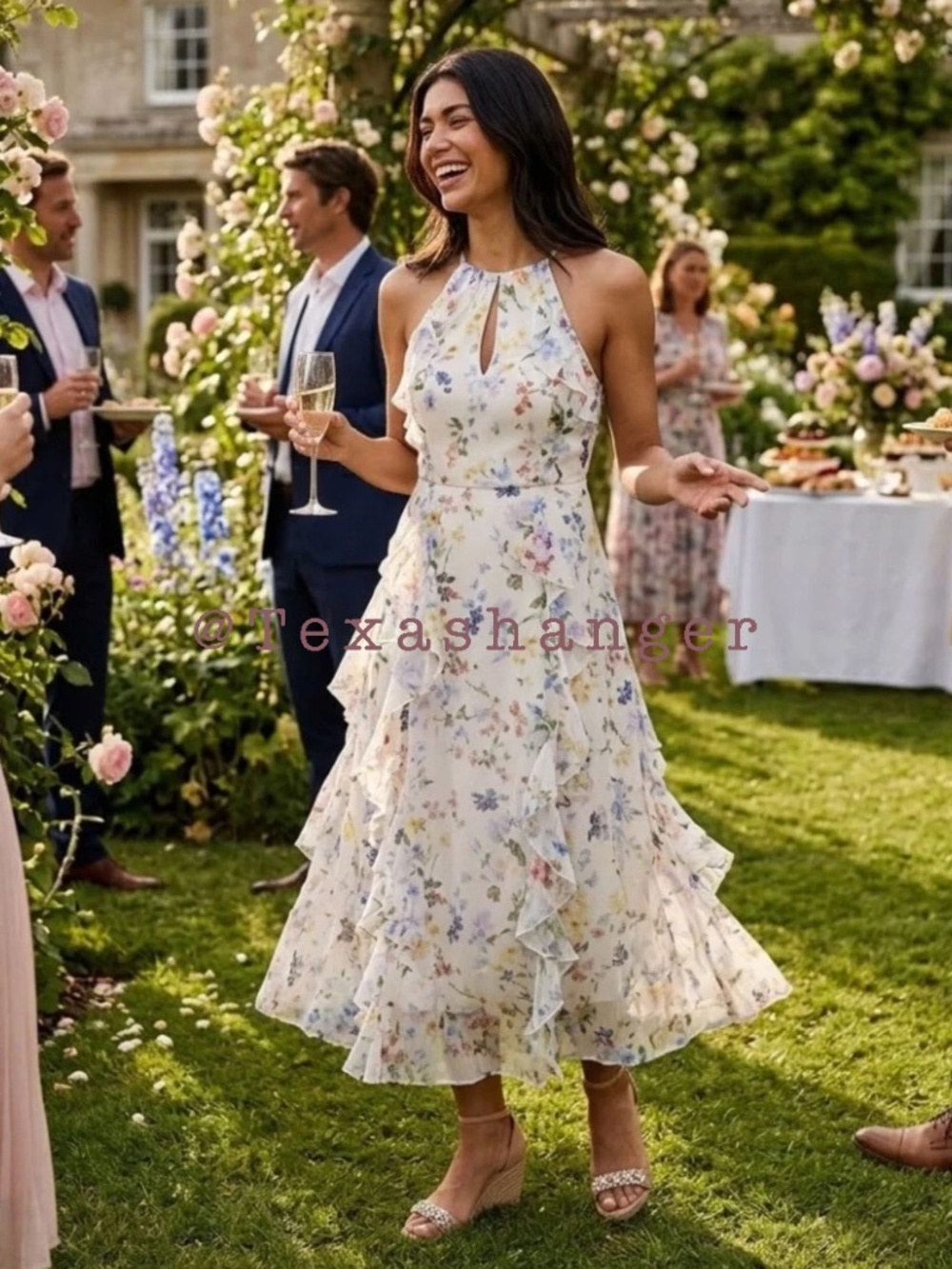Ted Baker Halterneck Ruffle Midi Dress Size US 4 White/Multi NWT